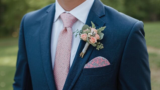Groom in a suit with a boutonniere, showcasing a blend of masculine style and floral elegance, wedding anticipation