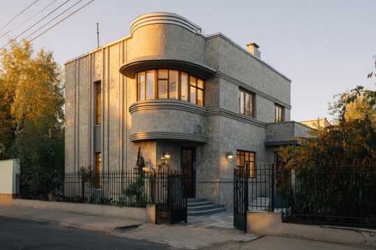 In a serene neighborhood, a contemporary architectural masterpiece stands out with its distinctive design, beautifully illuminated by the warm glow of the evening light