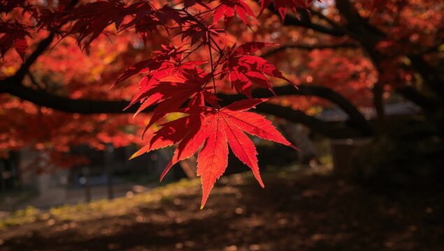 Autumn-hued vibrant red maple leaf in a Japanese garden setting, seasonal change