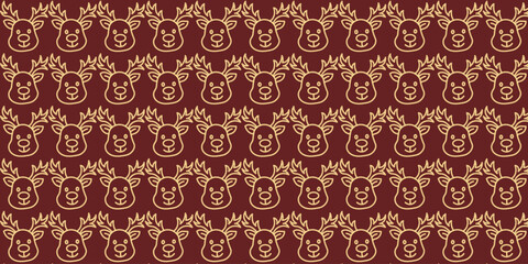 Seamless pattern of golden deer heads with antlers on a dark red background, festive and ornate design