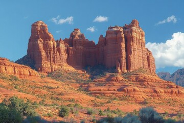 Majestic red rock formations towering over sparse green vegetation under a bright blue sky with scattered clouds
