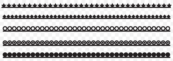 Scalloped edge seamless set. borders and dividers. Simple scalloped border. Repeat cute vintage frill ornament. Scalloped border. Vector illustration isolated on Transparent background. EPS 10.