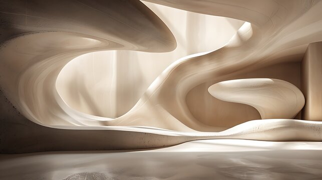 Interior view of a modern structure with flowing organic forms and soft lighting