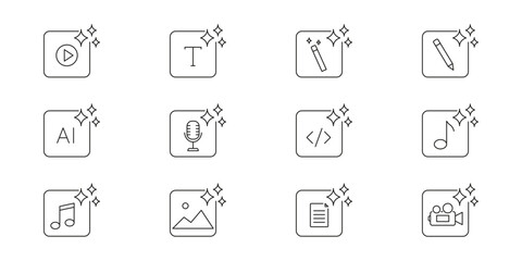 AI Content Creation Tools Play, Text, Magic Wand, Pencil, Microphone, Music, Code, Image, Document and Video Line Icon Set. Creative Multimedia AI Generator Symbols. Isolated Vector Illustration