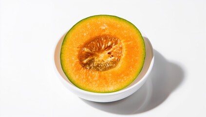 Half a Cantaloupe melon placed in a dish on a white background, fiber-dense choice