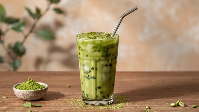 A glass of chilled matcha green tea with milk placed on a wooden surface, antioxidant-rich beverage, World Health Day