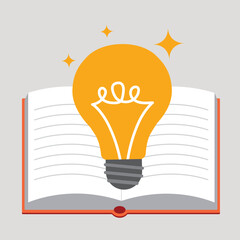 An open book with a lightbulb symbolizes knowledge and ideas.