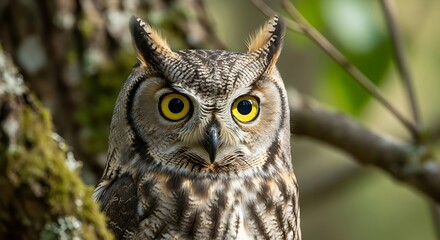 Close-up of a majestic great horned owl perched on a tree branch, looking directly at the camera with intense yellow eyes.