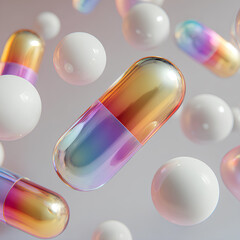 Colorful capsules and white spheres floating in a modern, abstract background