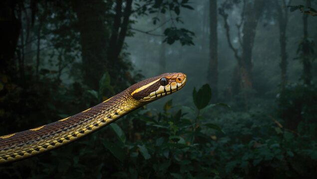 Bothrops insularis snake, a vibrant species displaying unique coloration, known for its habitat on a remote island
