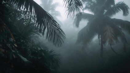 Obraz premium Blurred silhouettes of palm leaves against a foggy backdrop, creating a tranquil ambiance