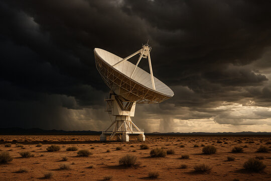 Powerful radio telescope against stormy skies, explore the universe and discover new worlds with scientific innovation and cutting-edge technology today