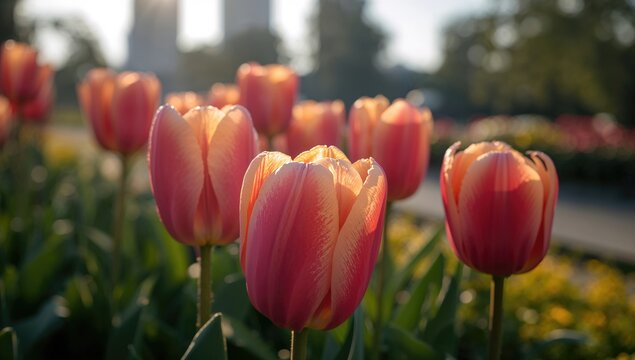 Close-up view of tulips surrounded by lush greenery, vibrant blooms, seasonal beauty, springtime freshness