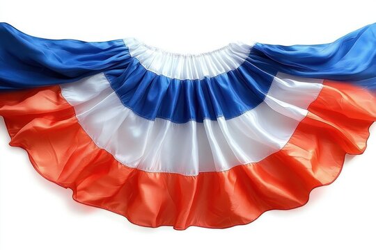 Colorful fabric decoration with layered red, white, and blue semi-transparent ruffles arranged in a fan shape with soft flowing texture