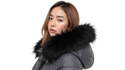 Stylish woman wearing puffy winter coat with fur lined hood, showcasing confident expression and modern fashion sense