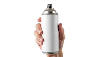 Person holds blank spray paint can, showcasing its sleek design and metallic nozzle, perfect for creative projects and artistic expression