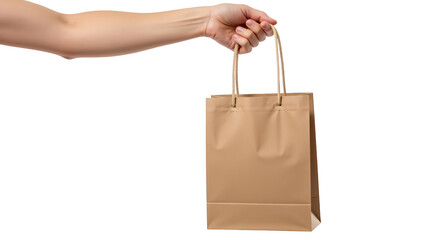 Hand holds brown paper shopping bag, showcasing its simple design and sturdy handles. This conveys sense of shopping and consumerism