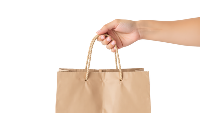Hand holding brown paper shopping bag with rope handles, symbolizing shopping and consumerism. image conveys sense of convenience and style - Powered by Adobe