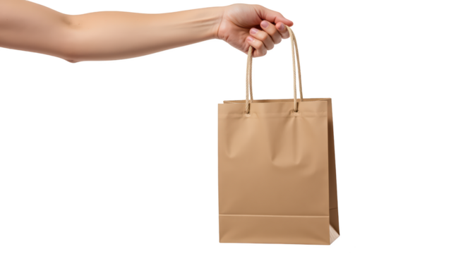 Hand holds brown paper shopping bag, showcasing its simple design and sturdy handles. This conveys sense of shopping and consumerism
