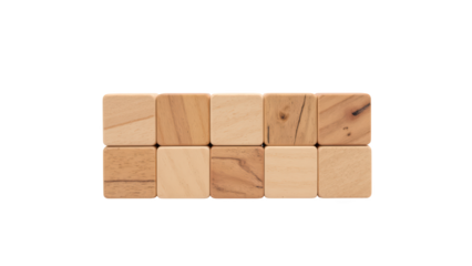 Natural wooden blocks arranged in row, showcasing various wood grains and textures, perfect for creative play and educational purposes