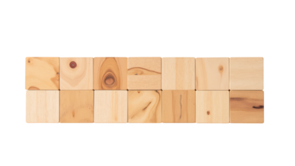 Natural wood blocks arranged neat row, showcasing various textures and shades of light wood. Ideal for creative projects and educational purposes
