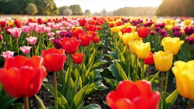 Vibrant Tulip Field in Full Bloom Under Golden Sunlight.
