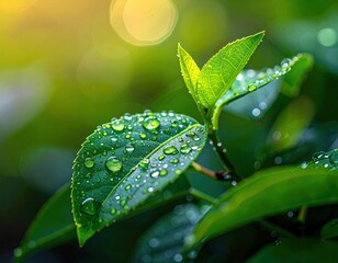 Closeup Dew Drops on Lush Green Leaves