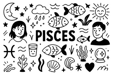 Pisces zodiac doodle with fish symbols, stars, and dreamy elements in black and white hand-drawn style, Transparent Background
