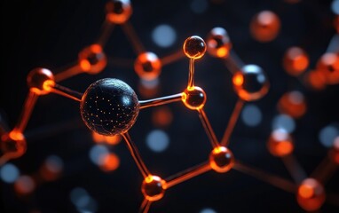 Close-up of a glowing orange molecular structure with interconnected spherical atoms against a dark background, highlighting scientific complexity and advanced technology