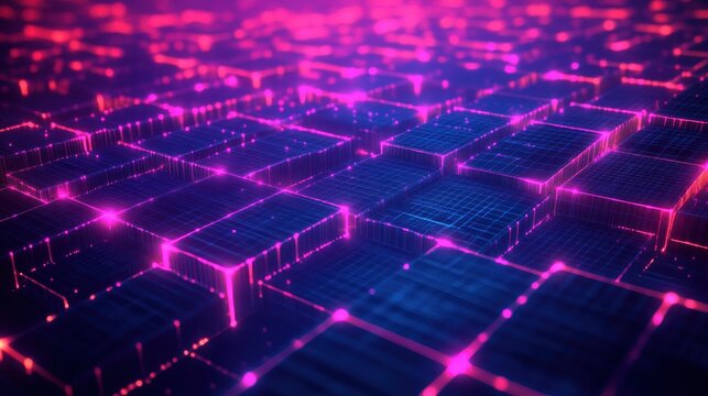 Abstract futuristic digital grid of glowing neon pink and blue cubes arranged in a grid pattern emitting light with depth and perspective