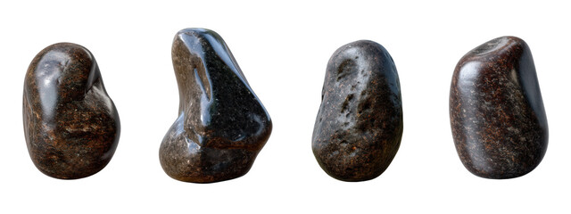 A captivating array of naturally formed dark stones, each remarkably smooth and polished, exhibiting unique organic shapes with beautiful light reflections, isolated on white