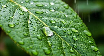 Close-up of a vibrant green leaf covered in glistening raindrops after a refreshing shower.