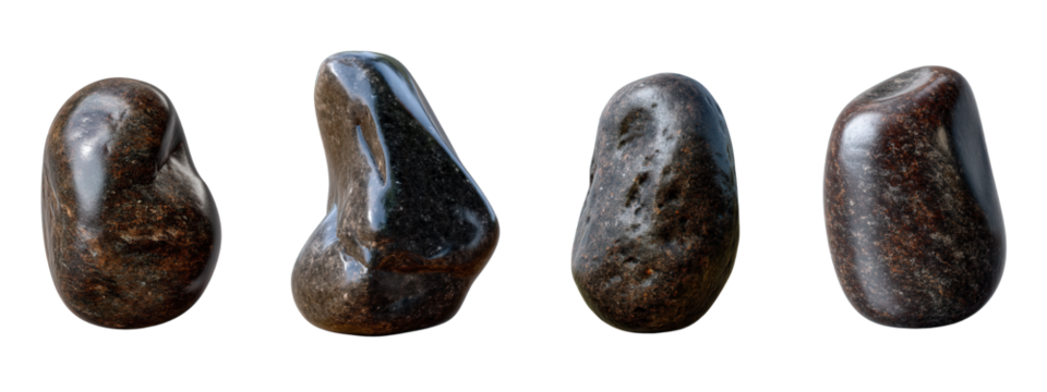 A captivating array of naturally formed dark stones, each remarkably smooth and polished, exhibiting unique organic shapes with beautiful light reflections, isolated on white