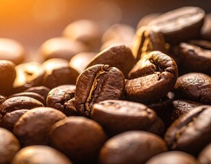 Closeup Golden Brown Roasted Coffee Beans Illuminated by Warm Light