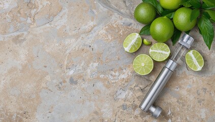 Limes and a juicer arranged on a stone surface, ideal for UI backdrop