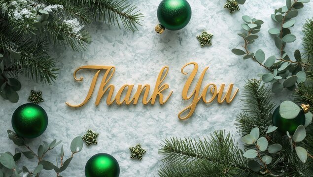 Gratitude Note, Seasonal Flat Lay with Snowy Backdrop and Evergreen Holiday Ornaments - Powered by Adobe