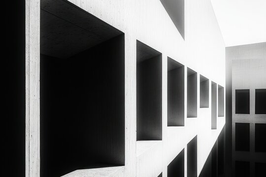 Modern concrete building exterior with repetitive square window openings casting dramatic shadows in black and white