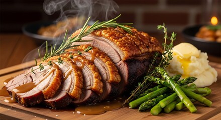 Delicious Roasted Pork Belly with Crispy Crackling and Asparagus.