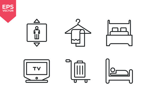 Set of line icons related to elevator, bed, dry cleaning, TV, luggage. Editable stroke. Vector illustration