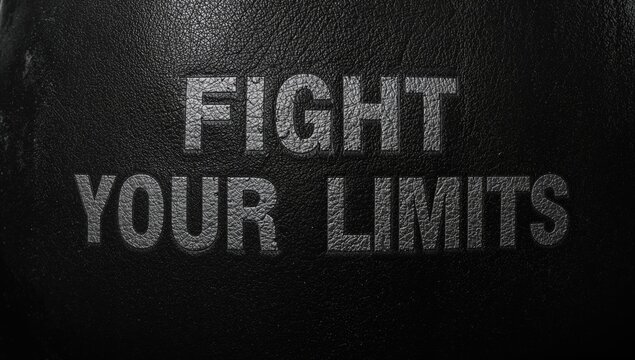 Close-up of FIGHT YOUR LIMITS text on a black boxing and kicking training pad, focus on motivation and determination