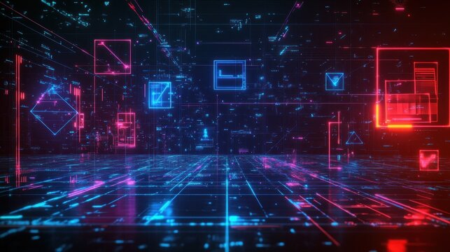 Futuristic digital grid environment with glowing neon geometric shapes and data points in blue and red hues creating a high-tech immersive atmosphere
