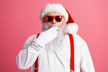 Santa in red suit with white beard wearing suspenders and sunglasses against pink background