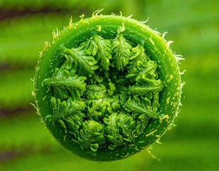 Closeup of a Bright Green Unfurling Fern Frond in Daylight