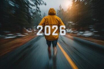 A man running along the road, on which "2026" is written in white numbers, in sports clothes and a yellow hooded jacket, against the background of the forest and the morning light.