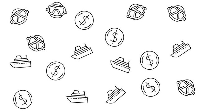 Pattern of pretzels, dollar coins, and cruise ship icons. Perfect for travel blog posts, financial articles, foodrelated designs, and tourism promotions.