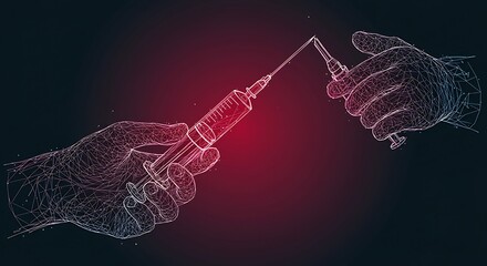 Digital illustration of hands preparing a medical injection with a syringe and vial.