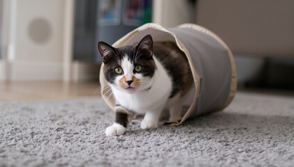 Domestic cat enjoying playtime in a living room, focus on feline activity