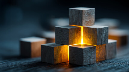 Abstract Wooden Blocks Structure with Glowing Light Symbolizing Creativity