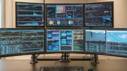 Financial Data Displayed on Seven Computer Screens Over Dark Table with Keyboard and Mouse Creating Technical Workspace Ambience for Stock Monitoring - Powered by Adobe