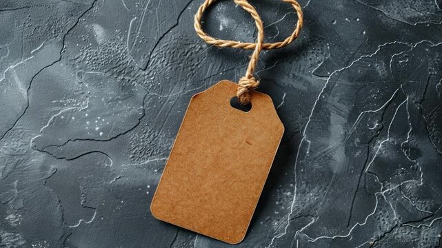 Video A simple brown tag suspended by a string from a black surface, great for various uses such as labeling or decoration